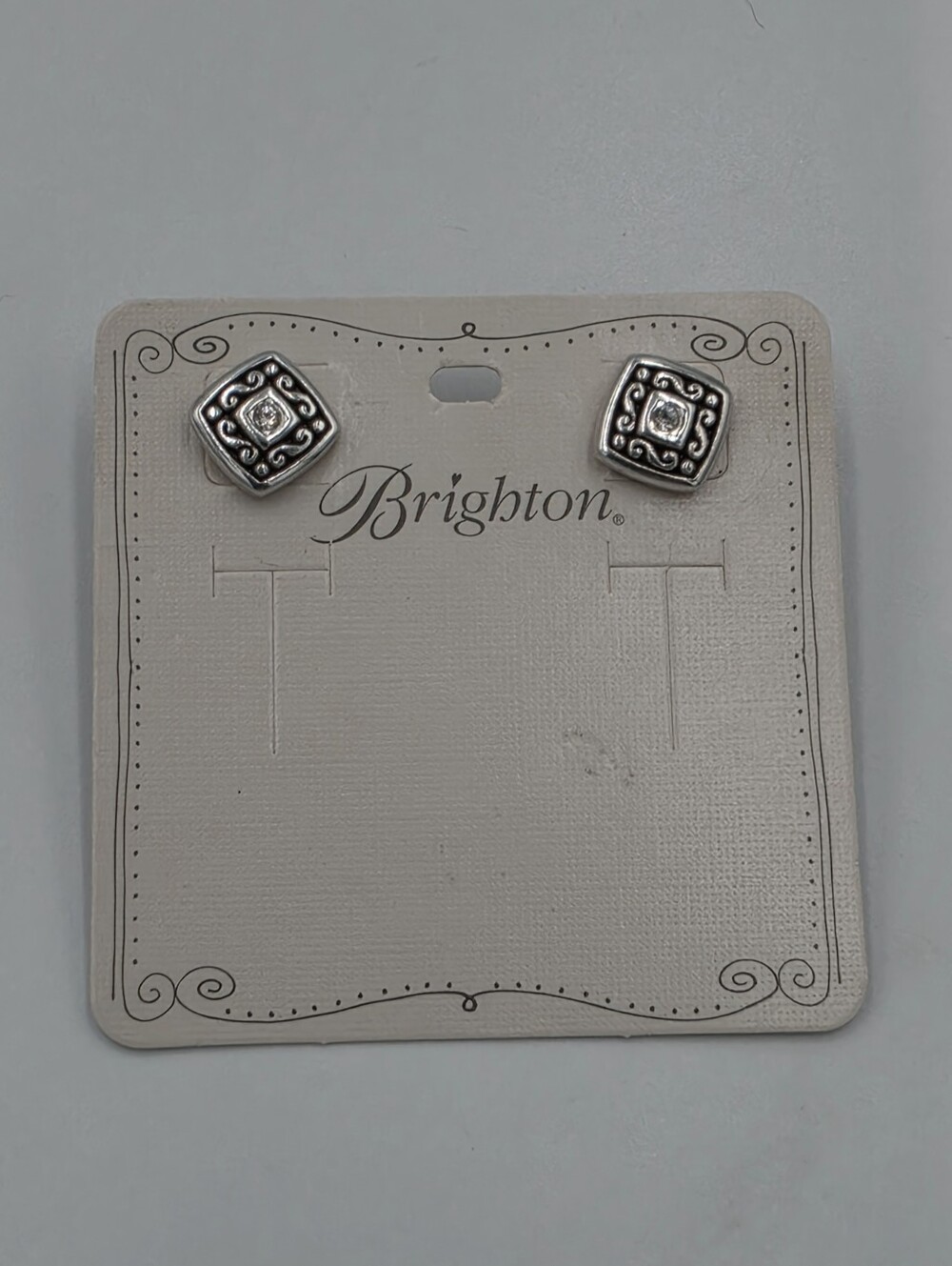 Brighton Swarovski Crystal Square Filigree Silver Stud Earrings